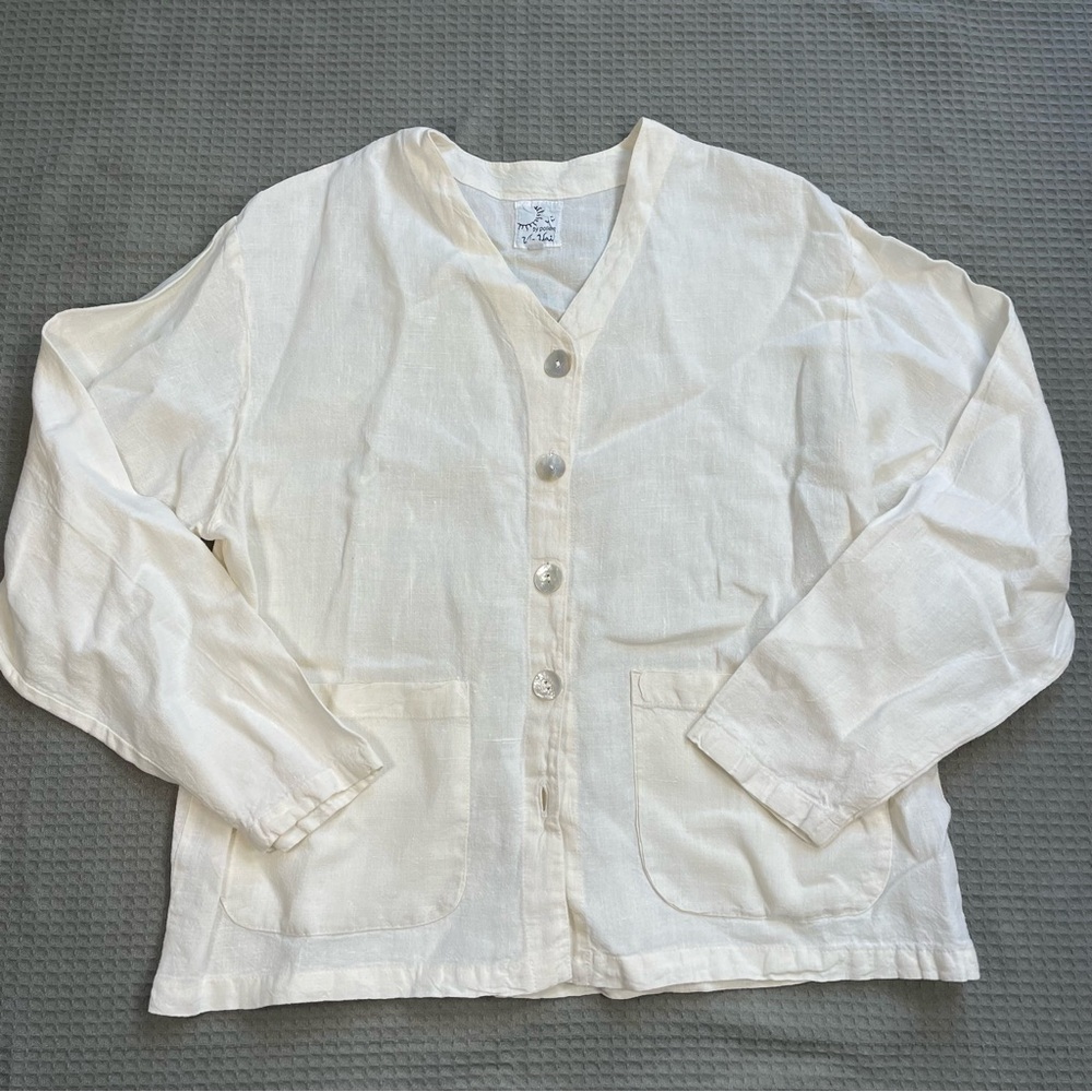 Via Vai By Pollero 100% Linen Shirt Jacket Medium Womens White Lagenlook
